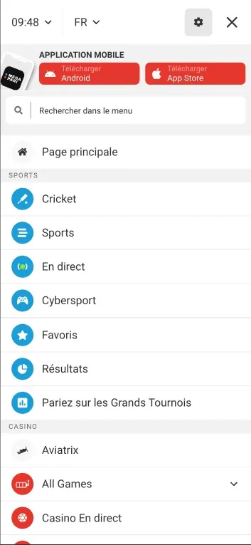 &Eacute;cran du menu Megapari