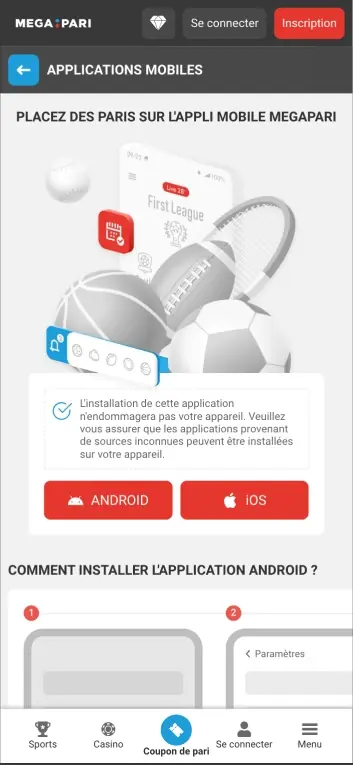 &Eacute;cran de l'application mobile Megapari