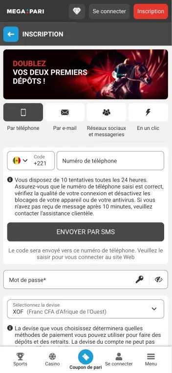 &Eacute;cran d'inscription Megapari